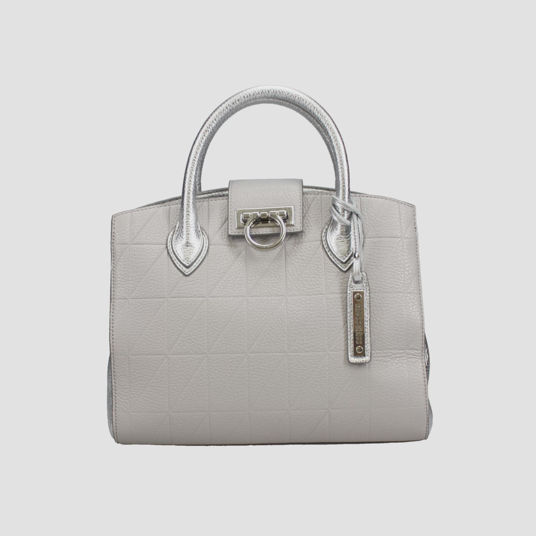 イタリアンレザー 牛革バイカラーハンドバッグ メタリックレザー 普段